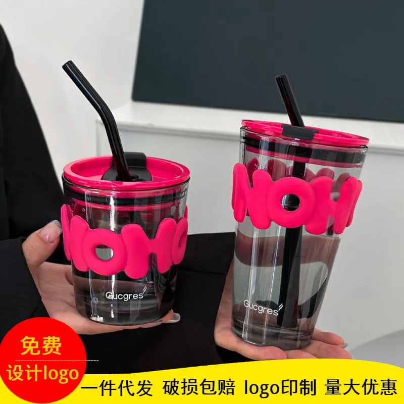 竹节玻璃吸管杯简约风女士高颜值咖啡杯子广告小礼品水杯定制