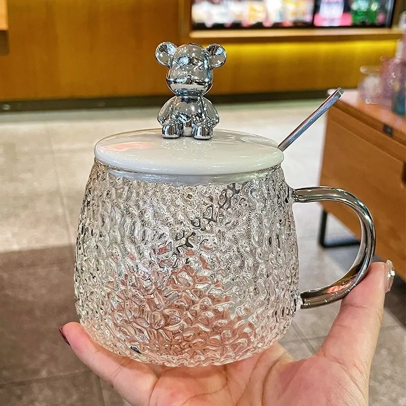 小熊马克玻璃水杯冰川泡茶杯花茶杯耐热玻璃锤纹把杯ins玻璃杯